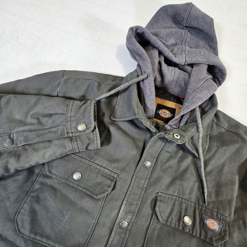 Dickies Jacket Mens Medium Gray Hood Canvas Full Zip Snap Quilted Build To Work